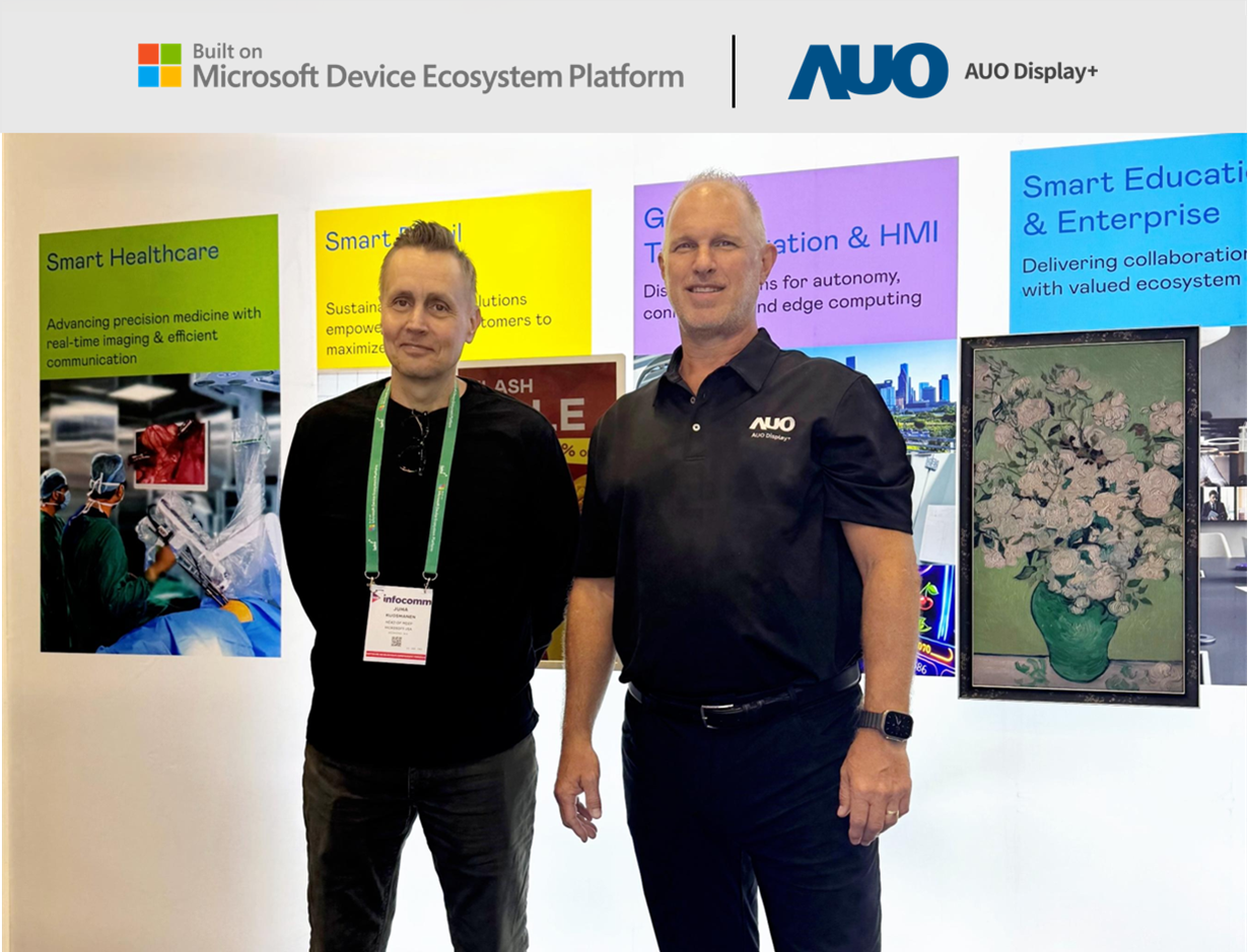 AUO Display Plus joins the Microsoft Device Ecosystem Platform (MDEP), partnering to drive the next wave of innovation in smart enterprise applications. Left: Juha Kuosmanen, Head of MDEP; Right: Scott Hix, CMO and GM of Smart Education and Enterprise Business Group at WWW.乐鱼 Display Plus
